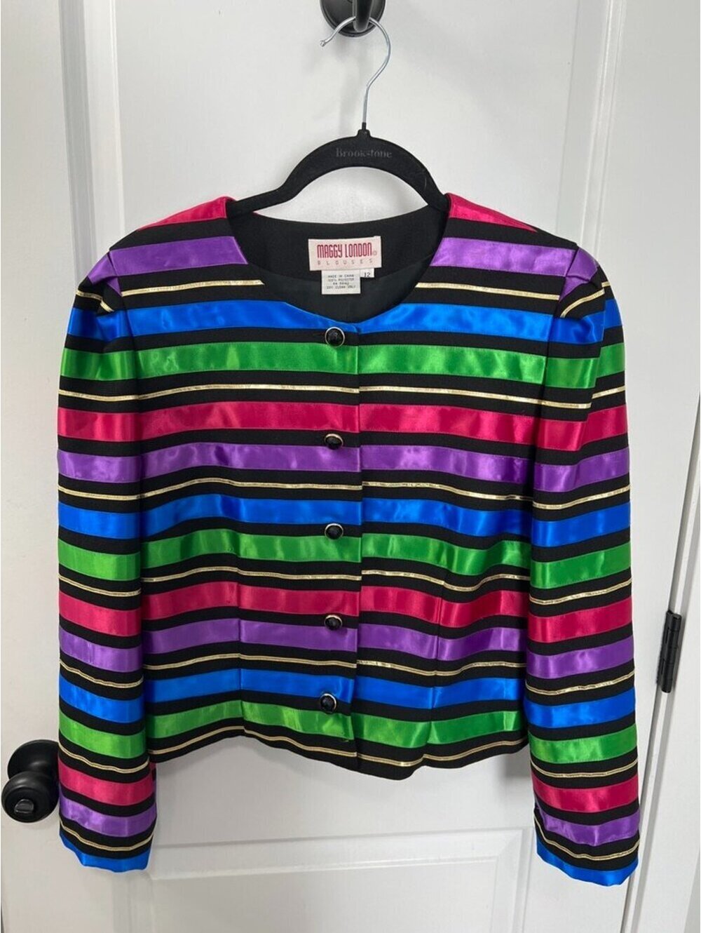 Maggy London Vintage Rainbow Stripe Jacket Blazer Size 12 Black Satin Trim